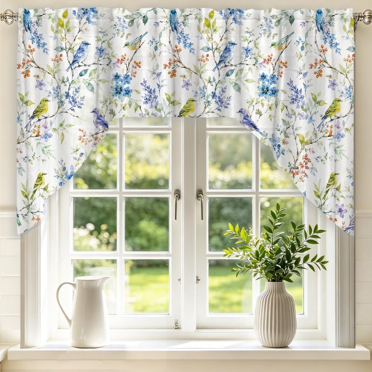 raamgordijn trapeziumvormig 142 x 91 cm - polyester - bloementakken en vogels - sfeervol keukengordijn - ShopVlot