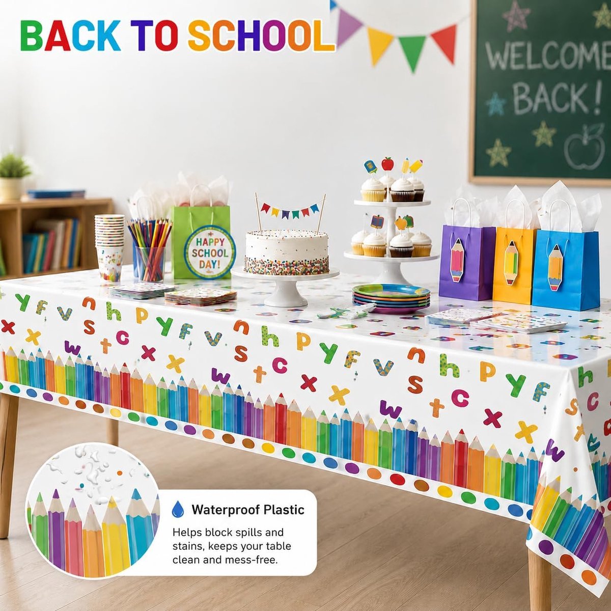 Tafelkleed 137 x 274 cm - wit met potlood-motief - feestelijk ontwerp - ideaal voor schoolfeesten - ShopVlot