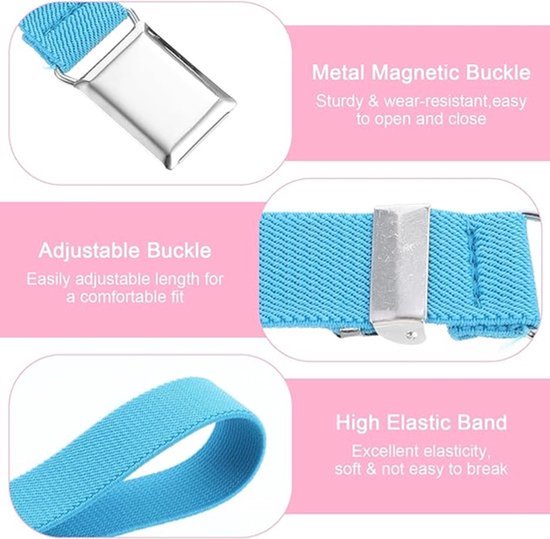 Detailafbeeldingen van een lichtblauwe elastische kinderriem: metalen magnetische gesp, verstelbare gesp en elastische band.
