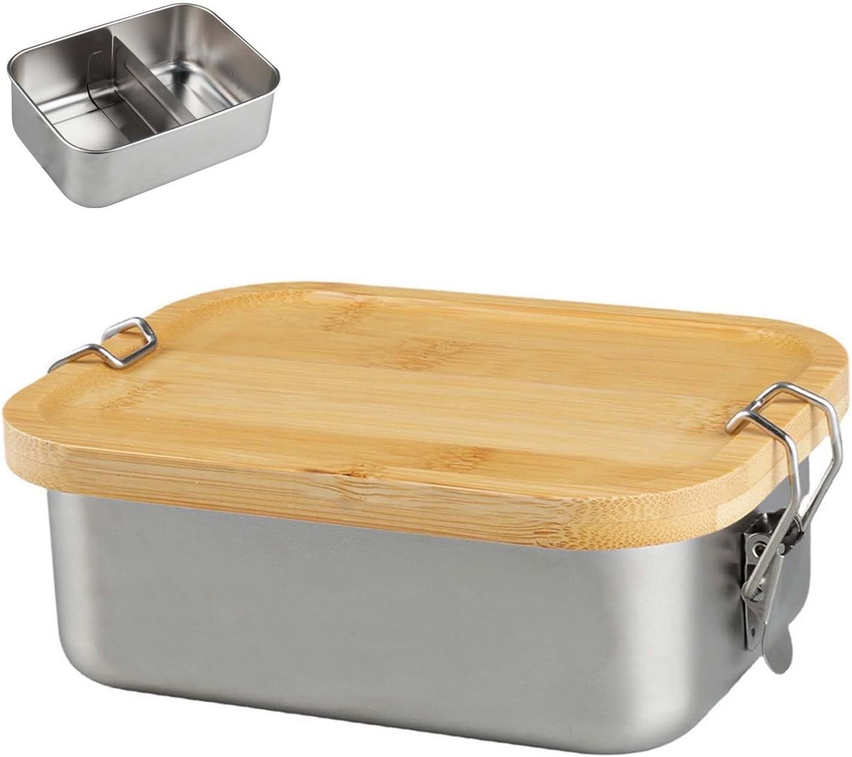 Bento Lunchbox voor volwassenen en kinderen, roestvrij staal, broodtrommel en lunchbox, metalen doos met houten - ShopVlot