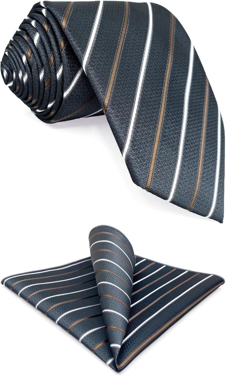 S&W SHLAX&WING Striped Tie and Handkerchief Set for Men Grey Silky Soft, Classic tie 147cm×8cm + pocket square - ShopVlot