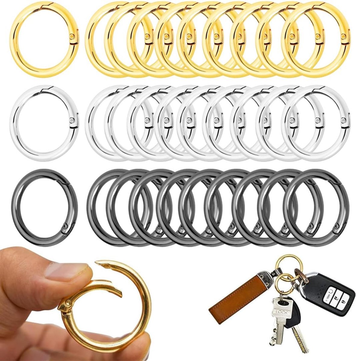 30 x karabijnhaken, rond, 26 mm, veerring, veerhaken, zinklegering, ronde veergespen, met opening voor sleutelhanger - ShopVlot