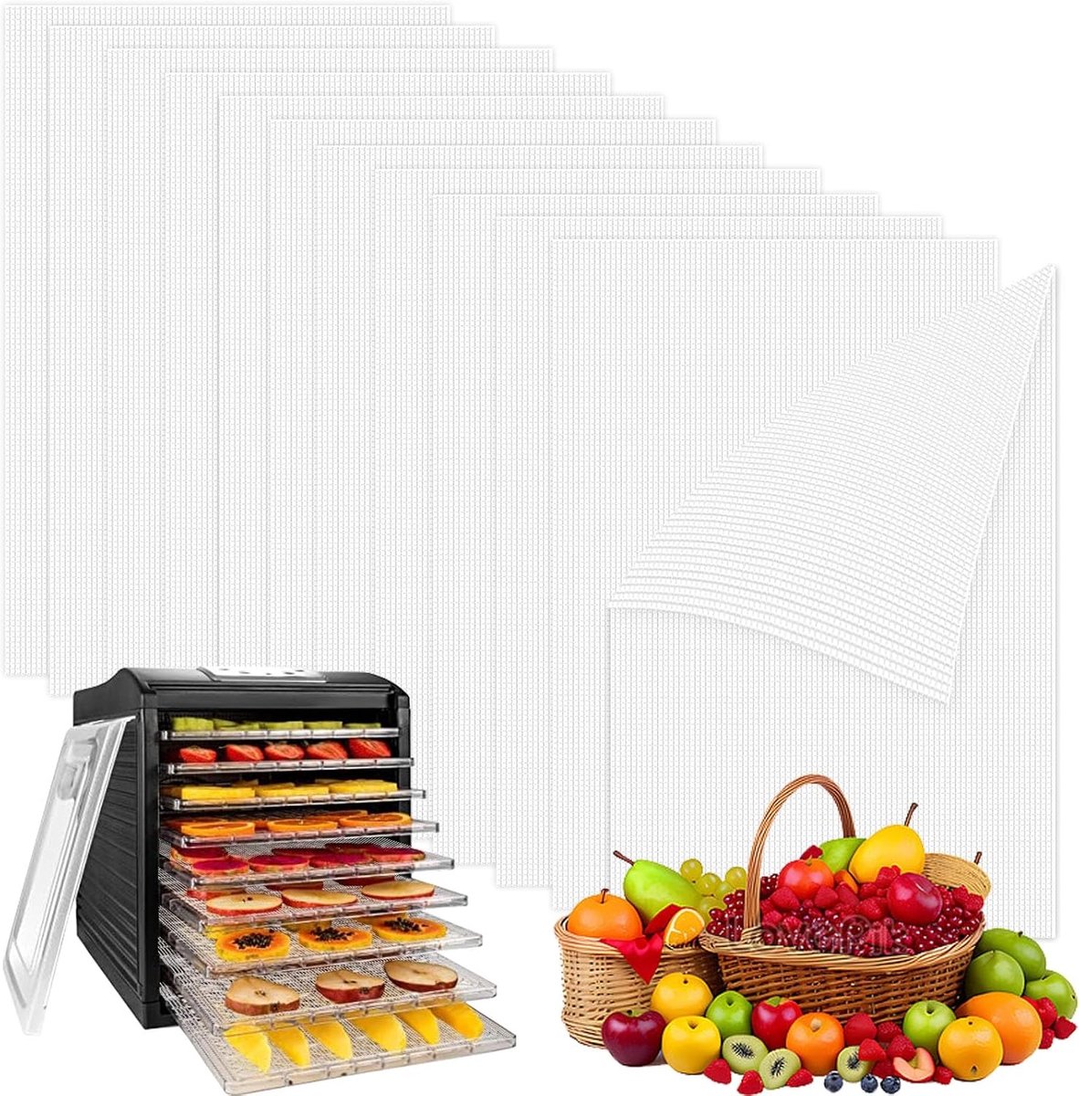 12pcs Silicone Dehydrator Blades, 38.5 x 28.5cm, Square Drying Film for Dryer, Non-Stick Fruit Dehydrator Mats - ShopVlot