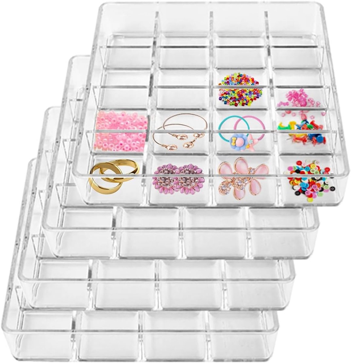 4 Piece Small Stackable Jewellery Organiser Box, 16 Compartments, Clear Plastic Drawer Organiser for Rings, Stud - ShopVlot