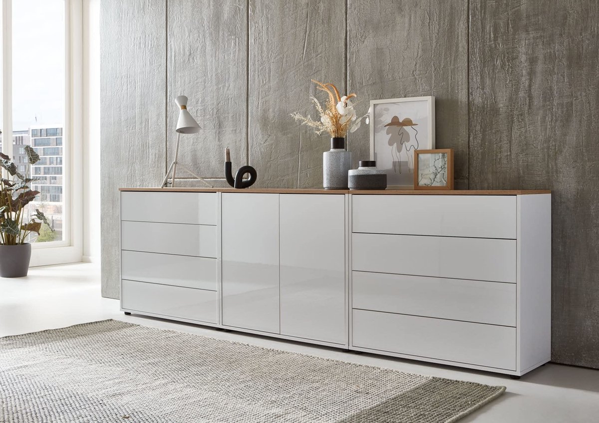 Solidchoice - Commode Milaan Set 4 in Wit met Eiken Bovenbodem