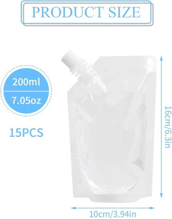 Beverage Bags, 15 Transparent Drink Bags, Reusable Spout Bags and 2 Pieces Funnel, Plastic Drinking Bag for Ice - ShopVlot — afbeelding 3