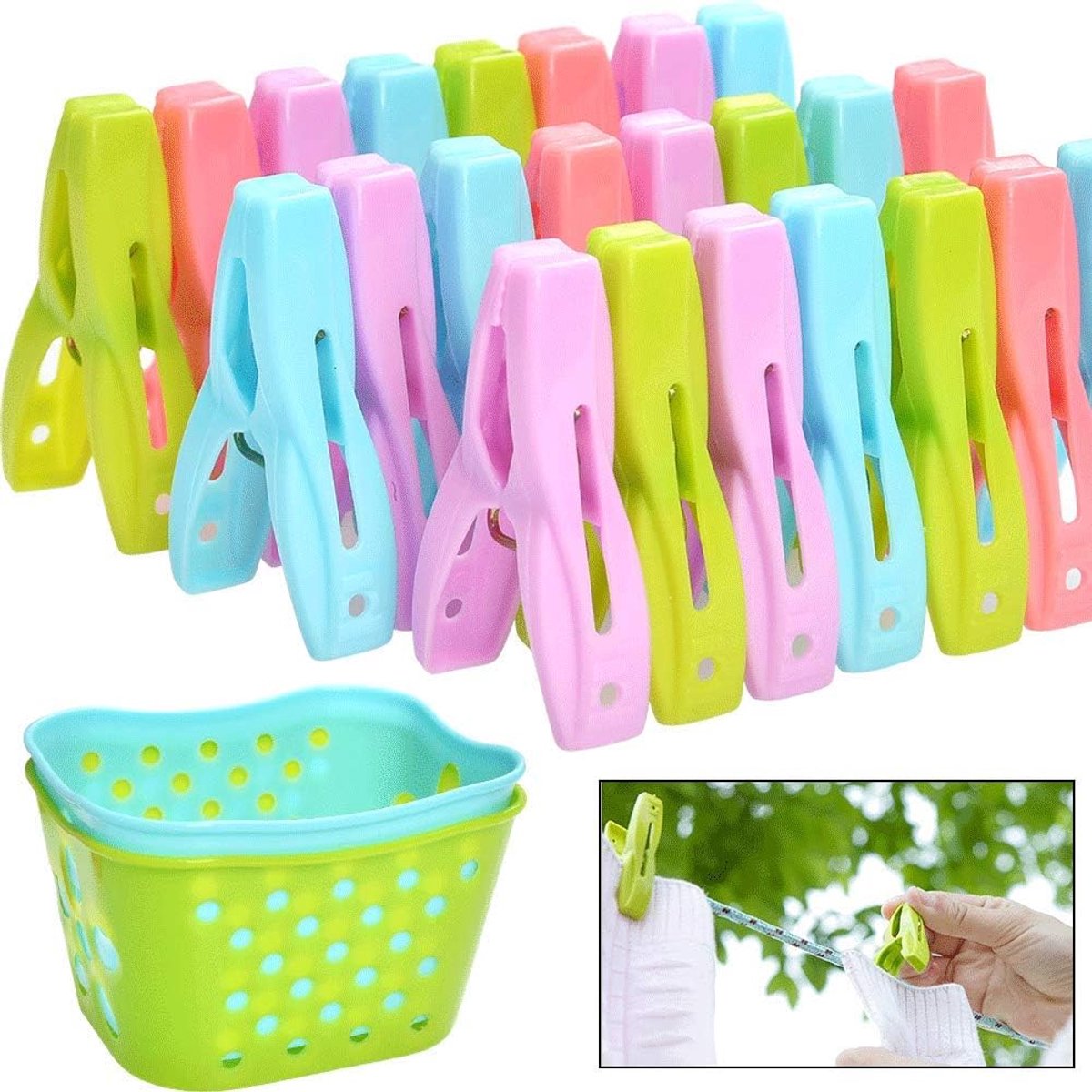 BUYGOO Clothes Pegs with Laundry Basket, Set of 72, Windproof Clothespins Made of Sturdy Plastic with Soft Grip and - ShopVlot