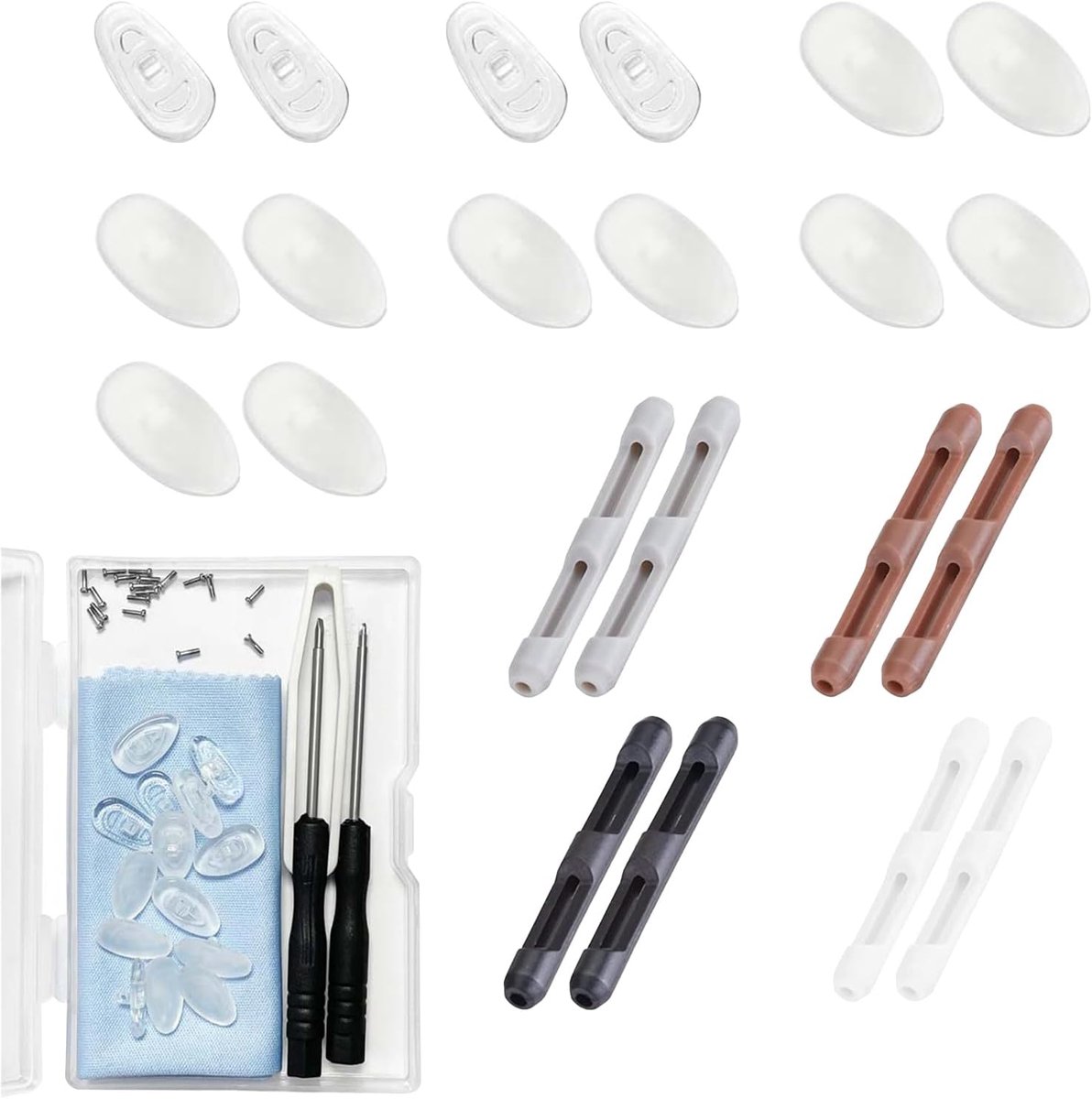 Universele brillenreparatieset: 2 x siliconen neuspads + 5 x gel-neuspads + 7 schroeven + gereedschap + 4 anti-slip - ShopVlot