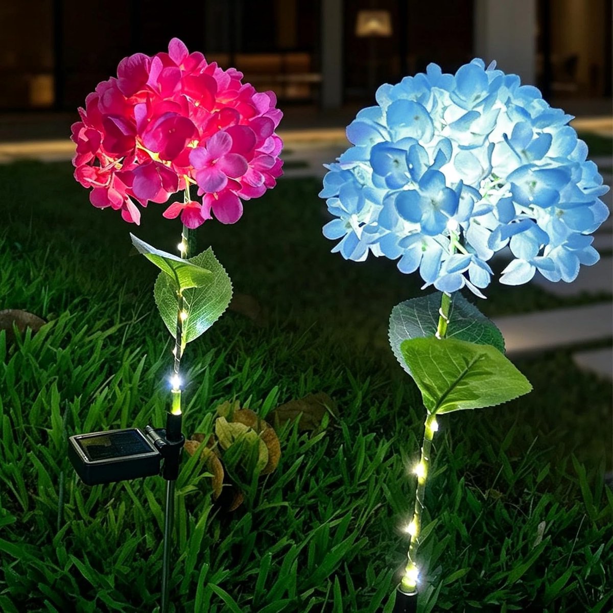 KZQ 2-pack solar tuinlampen met hortensia ontwerp - Waterdichte feeënverlichting voor buiten - Roze en blauw voor tuindecoratie