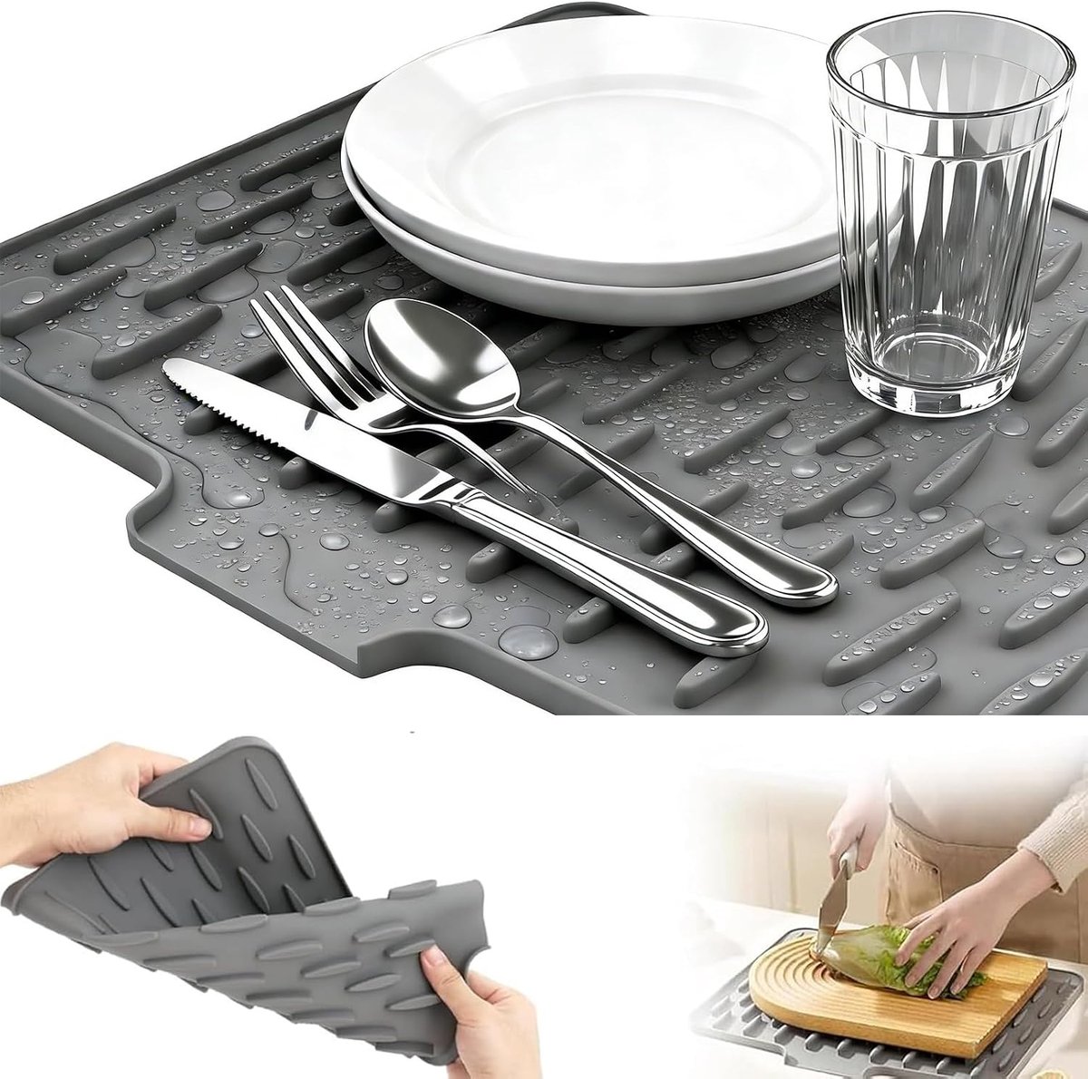 Pack of 2 Silicone Draining Mat 26 x 32 cm Sloping Light Grey Heat Resistant for Water and Sink - ShopVlot