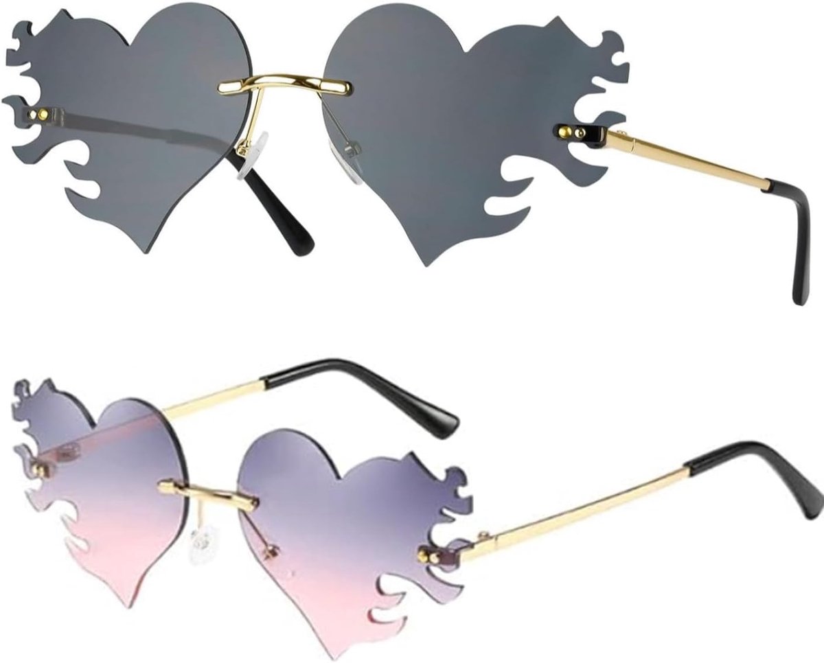 Heart-shaped sunglasses for men and women, 2 pairs of hearts, frameless flames, party glasses for hippie costume and - ShopVlot