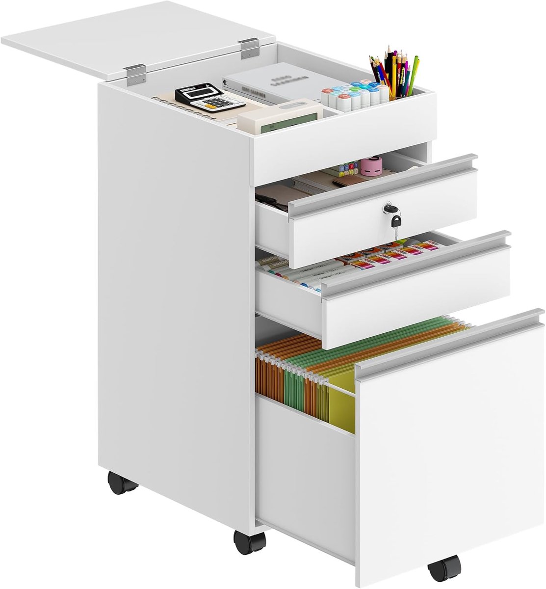 Hzuaneri Rolcontainer 40 x 40 x 70 cm 3 laden afsluitbaar wit,3 laden, afsluitbaar, centrale vergrendeling. Voor DIN A4, brief. kantoor, thuiskantoor. Stabiele archiefkast
