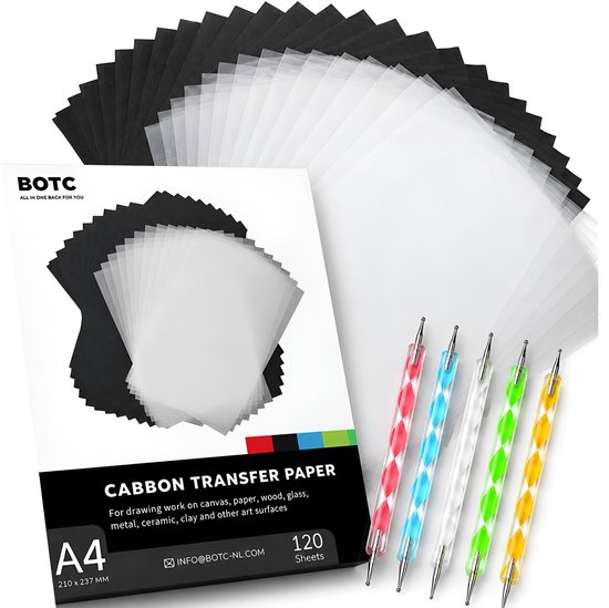 A4 carbon transfer papier met 120 vellen, zwart, wit en transparant, met 5 gekleurde stiften.