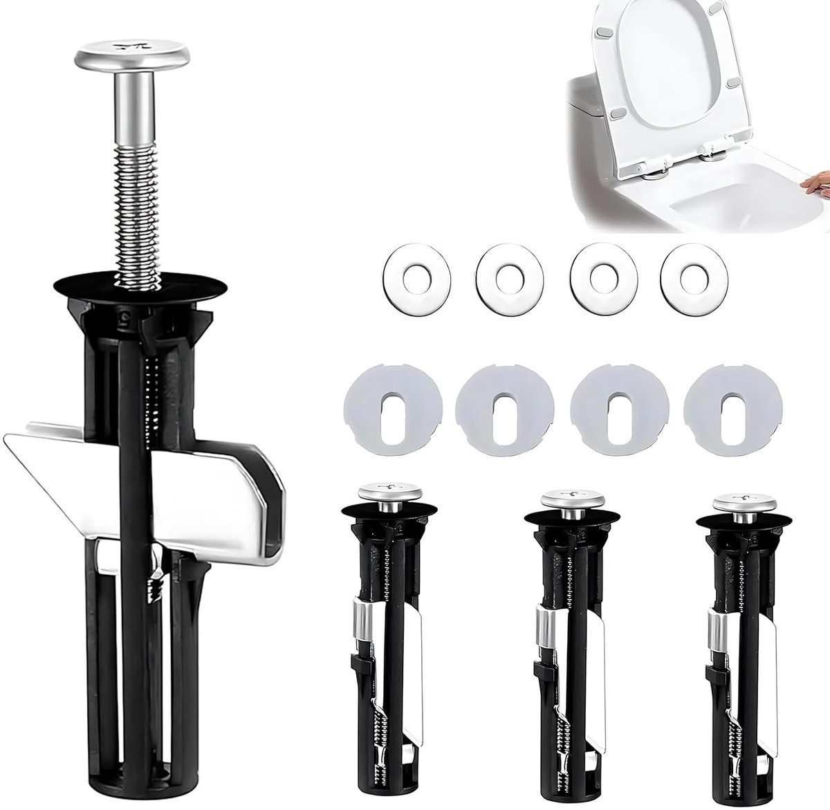 Complete Set van 4 Stuks M5 Toiletbril Schroeven met RVS Moeren en Ringen, Universele Bevestiging voor Toiletbrillen, Onderhoudsaccessoires voor Sanitair en Verbetering van Toiletinstallatie