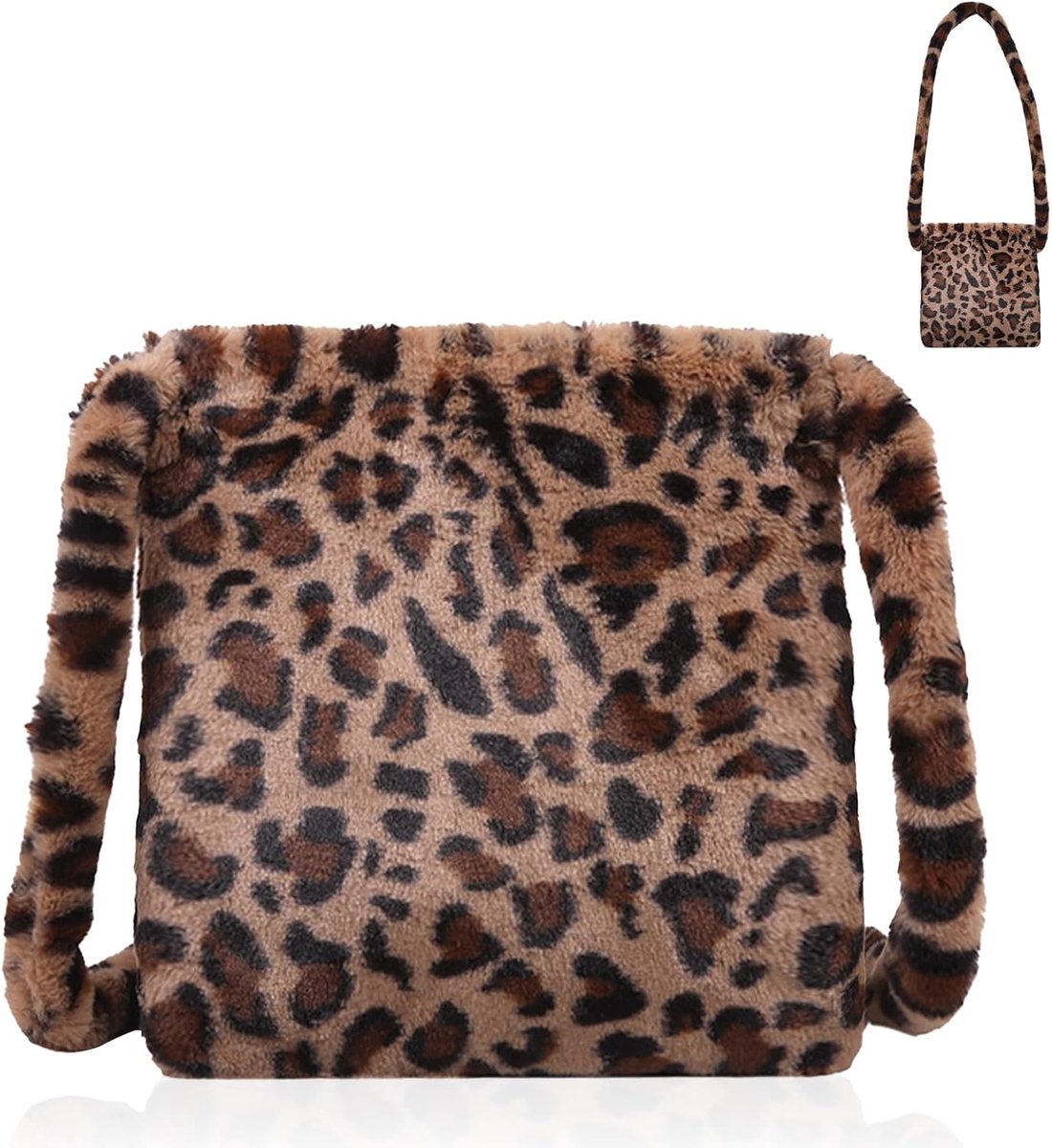 Furry Leopard Print Shoulder Bag 1 Piece Leopard Print Crossbody Bag Plush Fluffy Tote Bag Leopard Plush Faux Fur Tote - ShopVlot