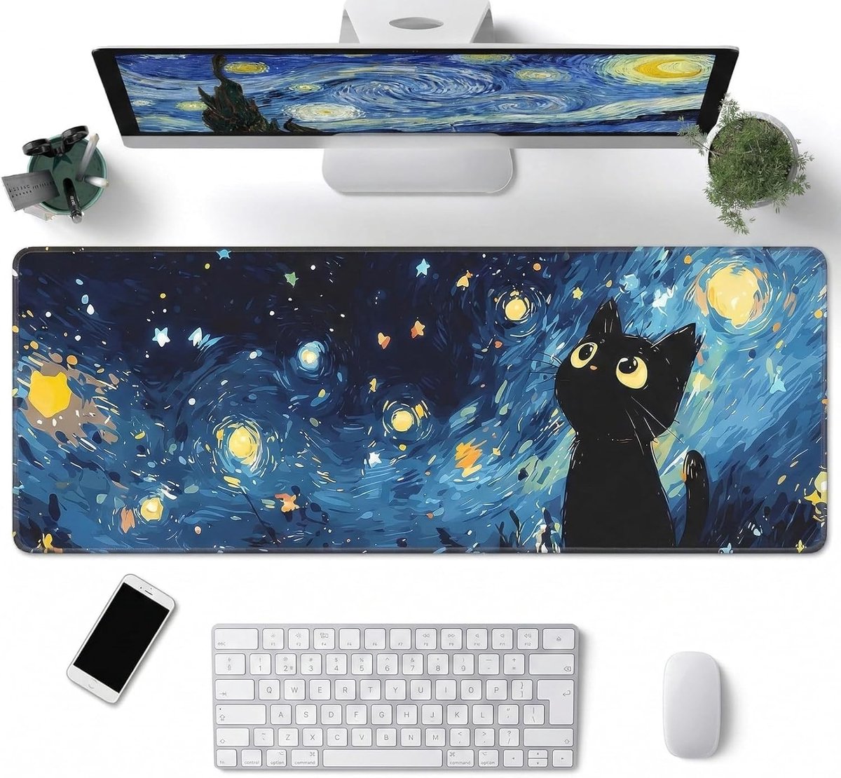 Grote Muismat XXL 800×300×3mm, Schattige Bureau Onderlegger voor Werk en Gaming, Antislip Bescherming voor Laptop en Desktop, Kat Onder de Sterrenhemel