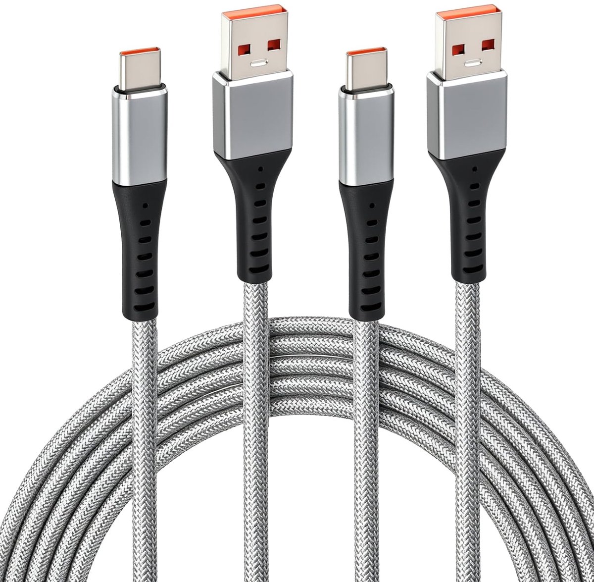 USB C-kabel, snellader, 3 A, USB A naar USB C-kabel, gevlochten, van nylon, lengte 1 m, 2 stuks, opladen en - ShopVlot