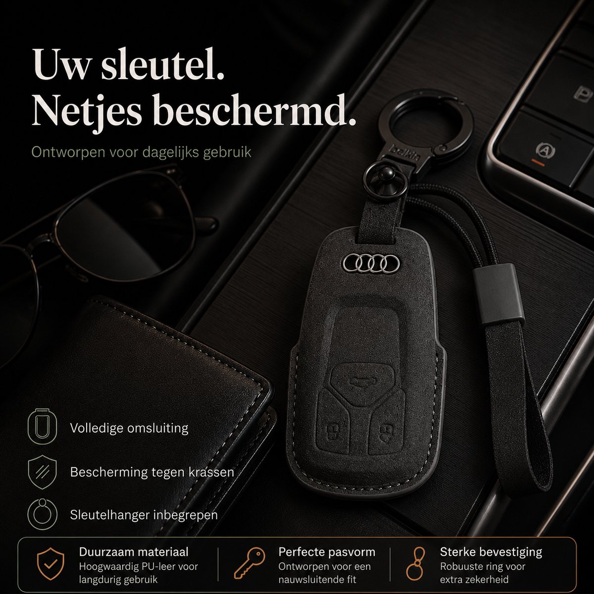 Zirkle Audi Autosleutel Hoesje Type A Zwart – Luxe Leren Sleutelcover met Metalen Sleutelring en Hanger – Beschermhoes voor Audi A3 A4 A5 A6 A7 Q3 Q5 TT – Krasbestendige 3D Key Case – Premium Auto Sleutel Accessoire