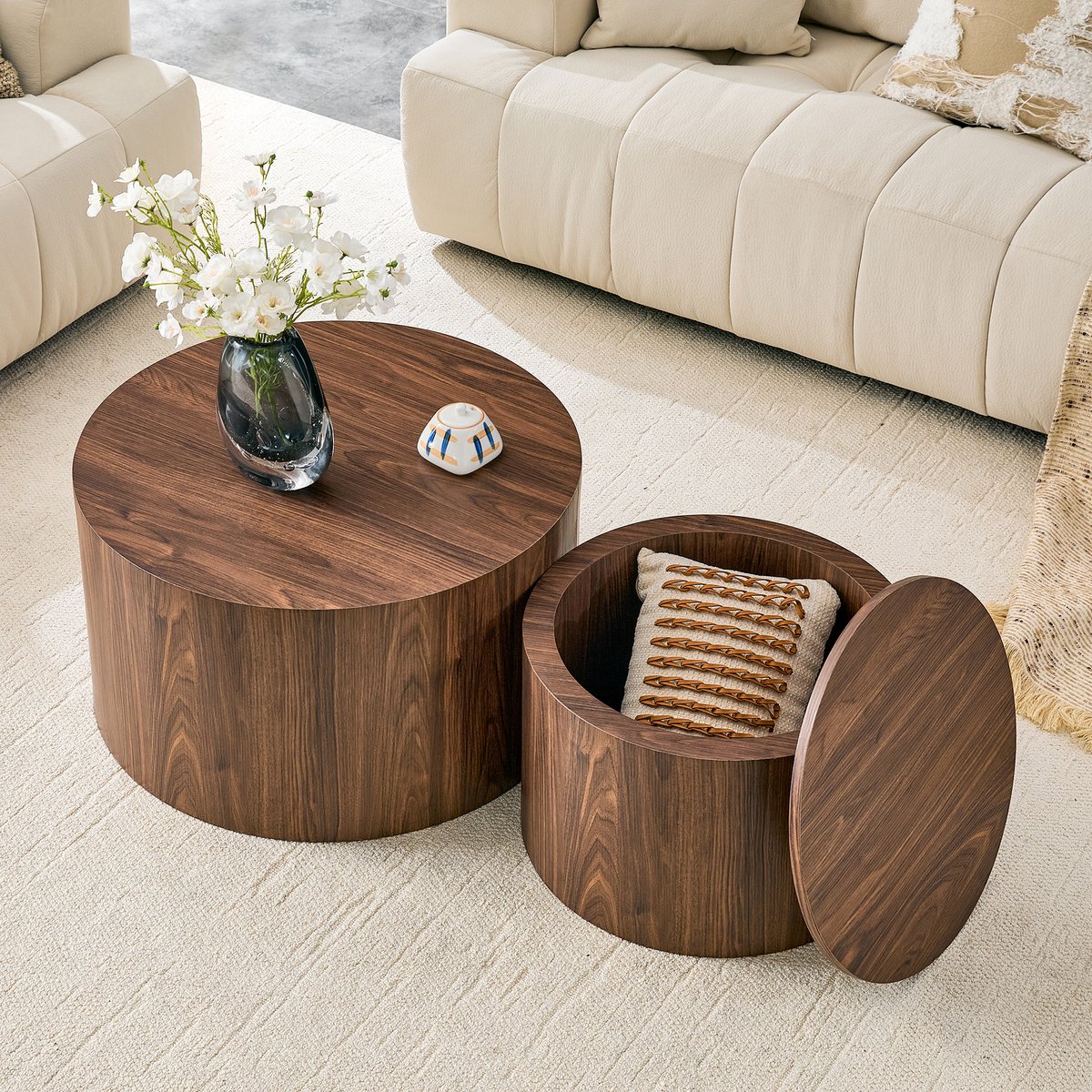 2-delig Ronde Couchtafel Set Met Opbergruimte - Nesting Tafels MDF Houtlook 62,8 cm & 44 cm Walnoot