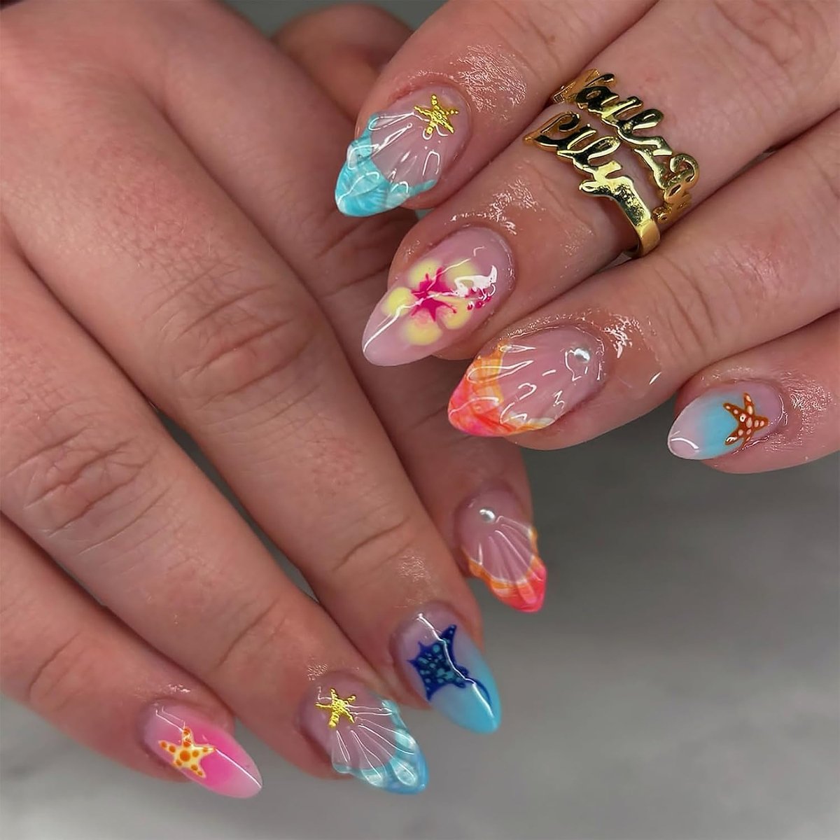 Press-on nagels kort amandel - blauw zeestranddesign - 30 stuks - volledige manicure set voor DIY - ShopVlot