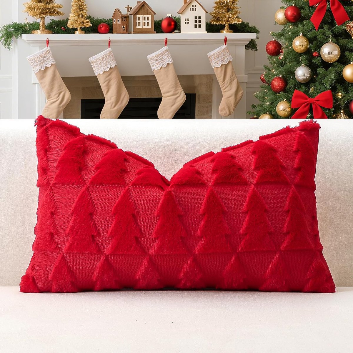 Kussenhoes 30 x 50 cm - Kerstmotief - Rood met boom - Perfect voor de bank - ShopVlot