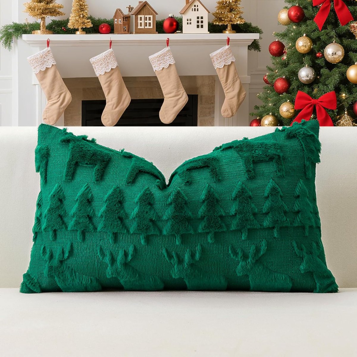 Decoratieve Kussenslopen 30 x 50 cm - Korte Wol Velvet - Groen Hert - Perfect voor de Kerst - ShopVlot