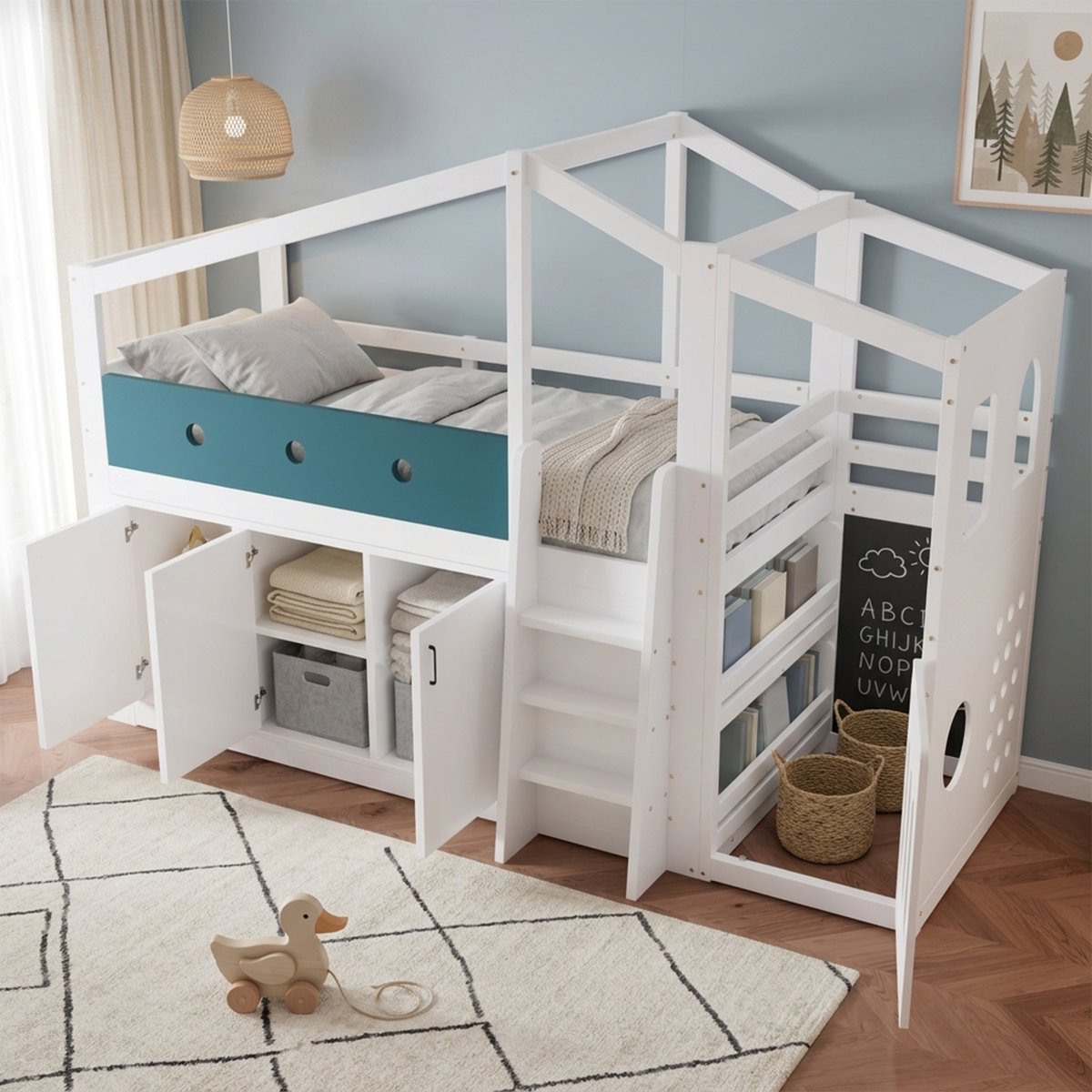 Kinderbed 90x200 cm - Halfhoog Bed Met Huisvorm, Speelruimte En Opbergkast - Hout Wit