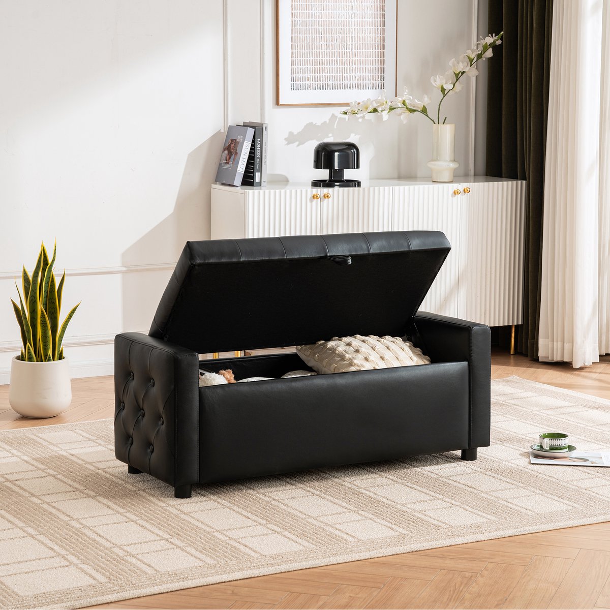 Opbergbank 122x45x47 cm - Gestoffeerde Bank Met Opbergruimte En Getuft Design - Kunstleder Zwart