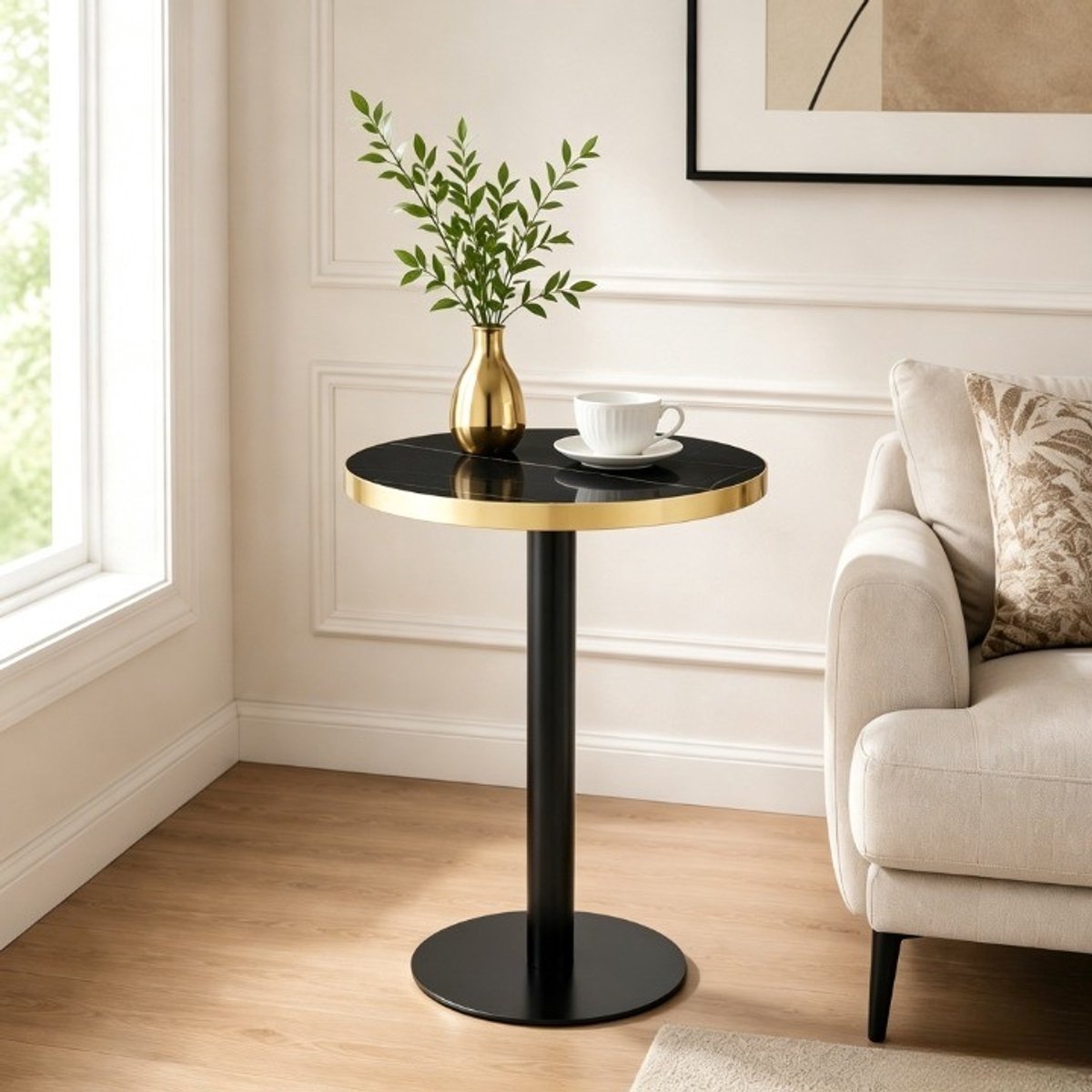 Ronde Tafel 60x60x74 cm - Marmerlook Tafel Met Gouden Rand En Zwart Metalen Onderstel Zwart