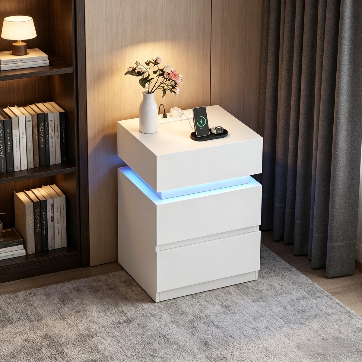 Bijzettafel 35x40x55 cm Met LED Verlichting, 2 Stopcontacten, 2 USB Poorten En Opbergruimte Wit