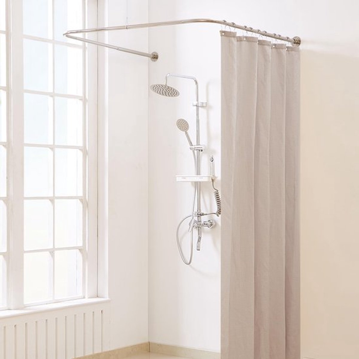 Douchegordijnstang U-vorm - Verstelbaar 23,6"-52" - Midden 78,7 cm-119,4 cm - 12 haken - Plafondsteun - Geborsteld nikkel - Douchestang