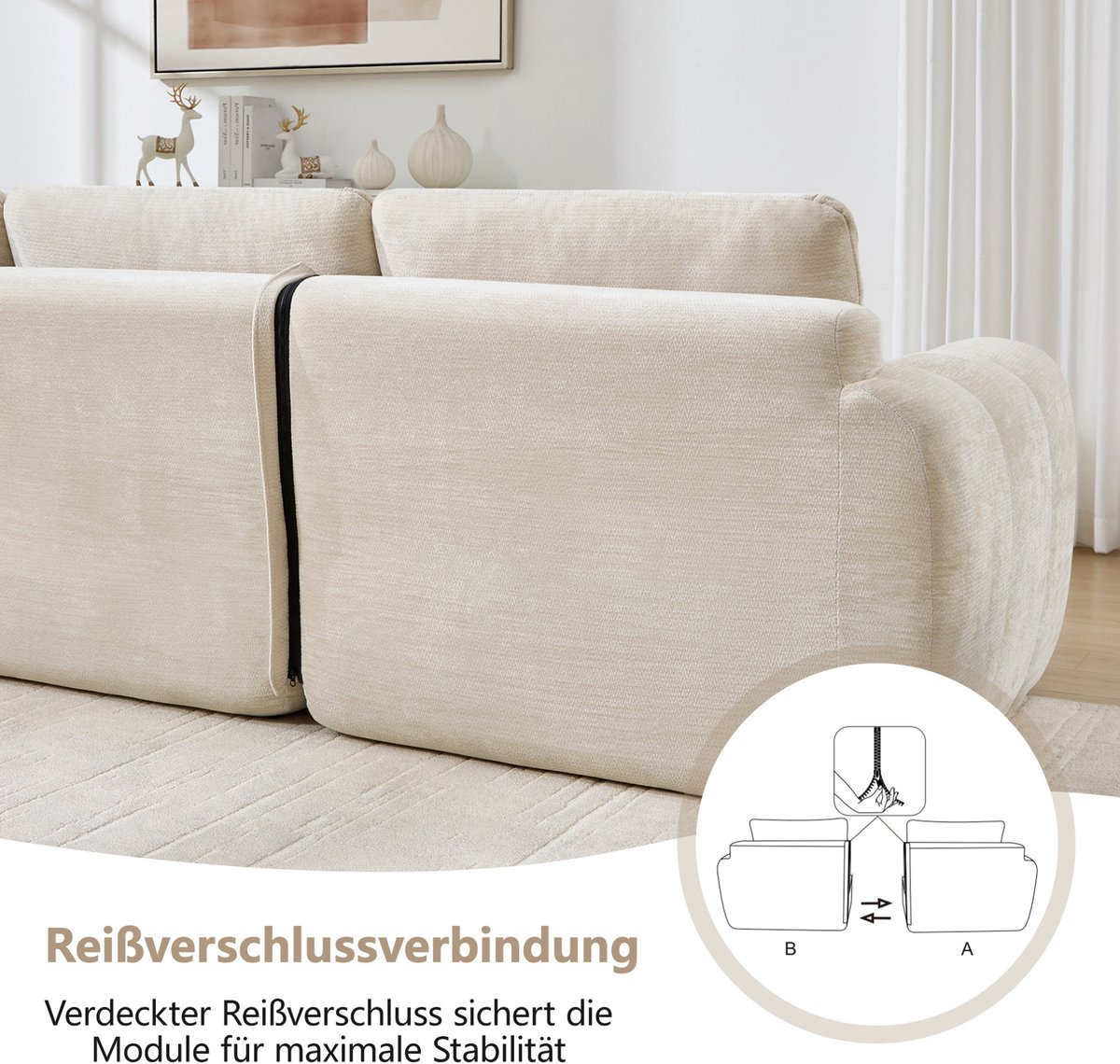 OKWISH Hoekbank 4 Zitplaatsen L Vormig Modulair Frameloos Met Ottomans Chenille Brede Diepe Zitting Voor Woonkamer En Appartement Beige