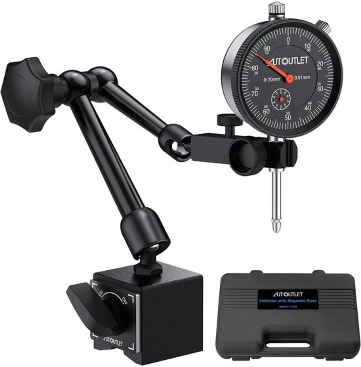 SnelShoppen - Indicator en Magnetische Basis met Centrale Klem, 25 cm, 60 kg Trekvermogen, 0-20 mm Meetbereik, Meetknop, Magnetische Statief, Dial Gau
