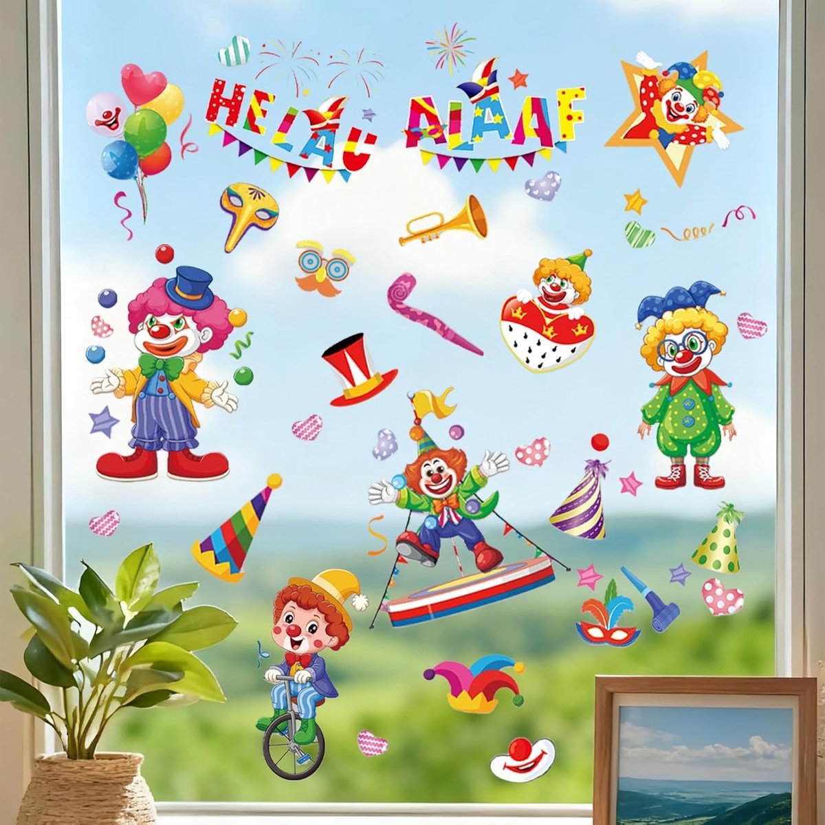 Carnaval Stickers Set 9 Stuks - Zelfklevende Clown Decoraties - Kleurrijke Raamstickers - Perfect voor Kinderkamer - ShopVlot
