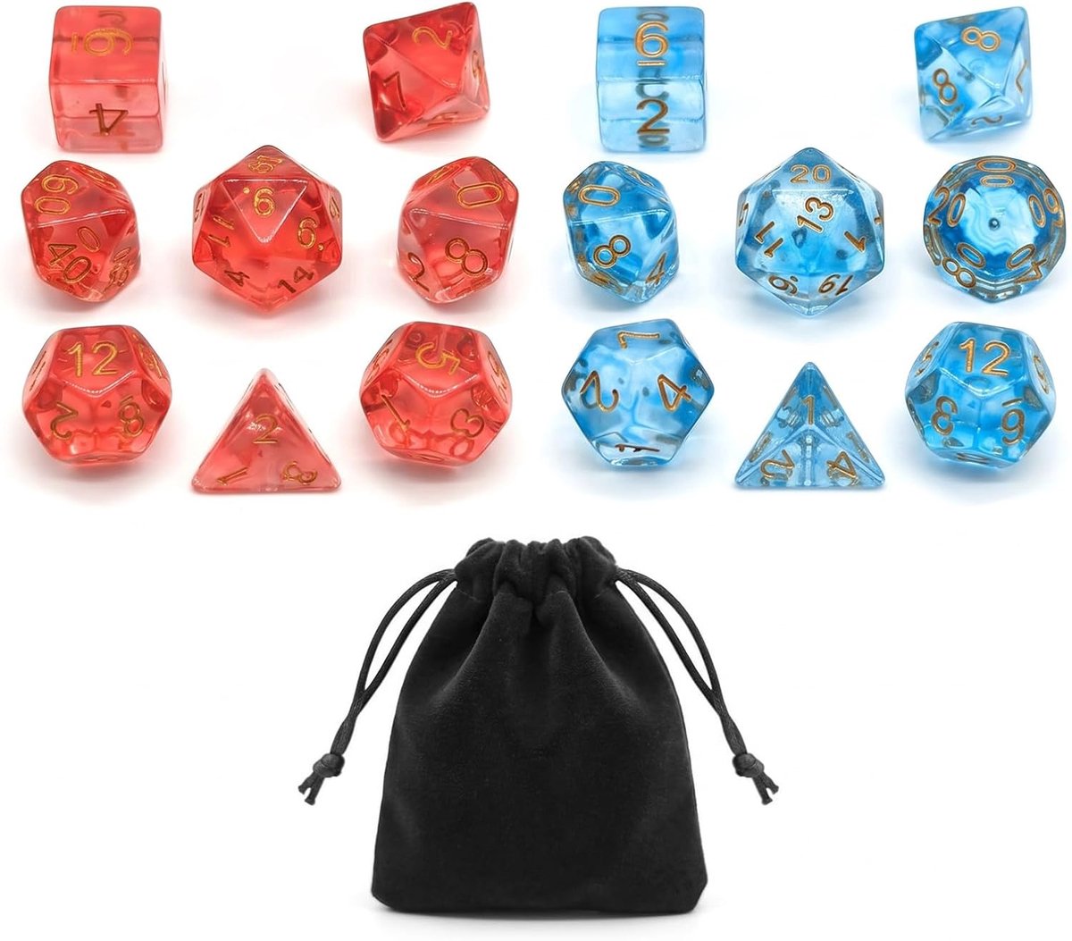 Polyederdobbelstenen set van 14 - kristalhars - hemelsblauw en rood - ideaal voor rollenspellen - ShopVlot