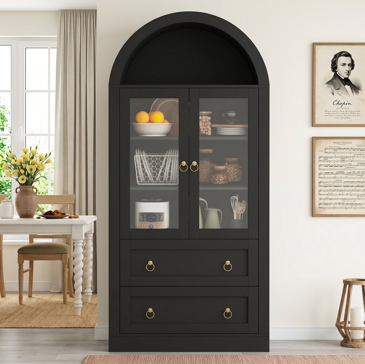 DESMIU Vitrinekast - Boogdesign Met Glazen Deuren En Lades - Voor Keuken En Woonkamer - Spaanplaat - Zwart - 80x36x170 Cm