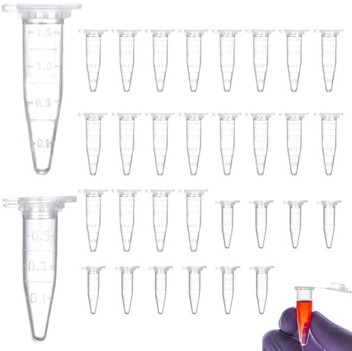 Monsterbuisjes Set 30 Stuks - Centrifugebuisjes 1,5 ml/0,5 ml - Afsluitbare Reactiebuisjes - Gegradueerde Cokesbuisjes - Hoogwaardig Kunststof - Duurzaam en Chemisch Stabiel