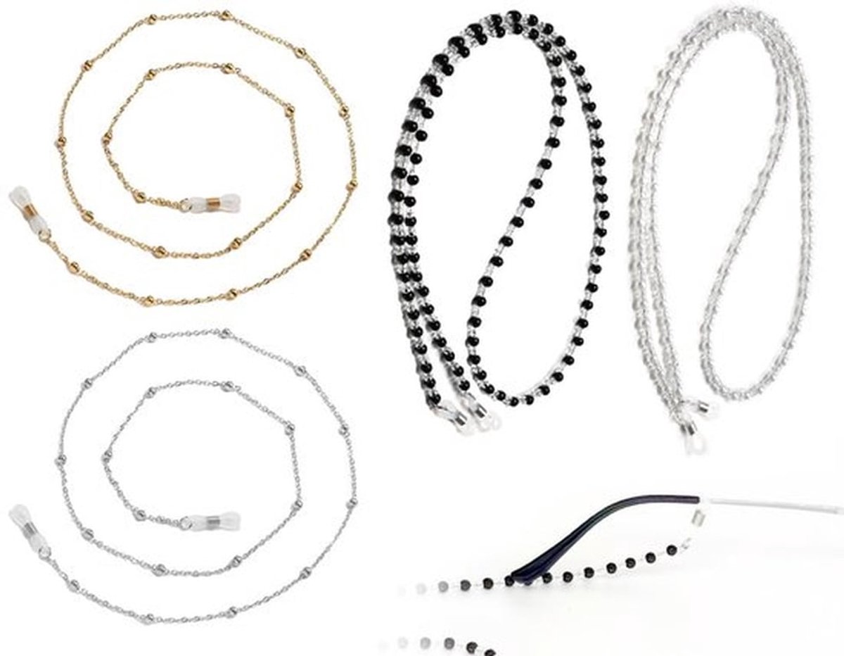 Brillenkettingen - Kleurrijk brillenkoord - Stijlvolle accessoires - Zwart Wit Goud Zilver - Voor dames - Set van 4
