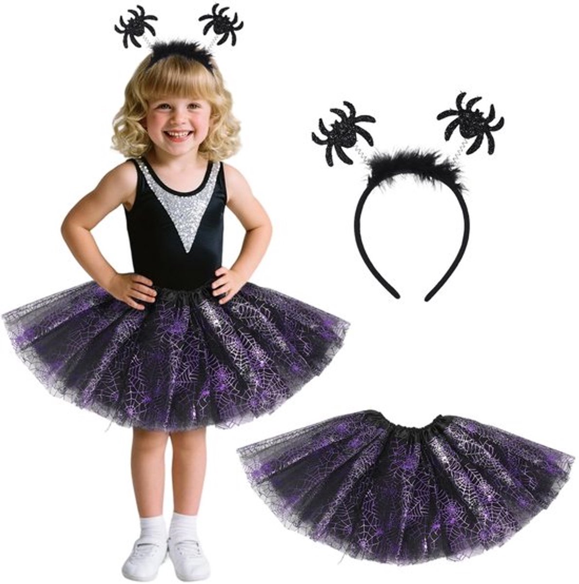 Heksenkostuum Dames - 2-delig Halloween Kostuum - Spinnennet Tule Rok - Veer Haarspeld - Carnaval/Party - Geschikt voor Kinderen/Volwassenen - Feestkostuum