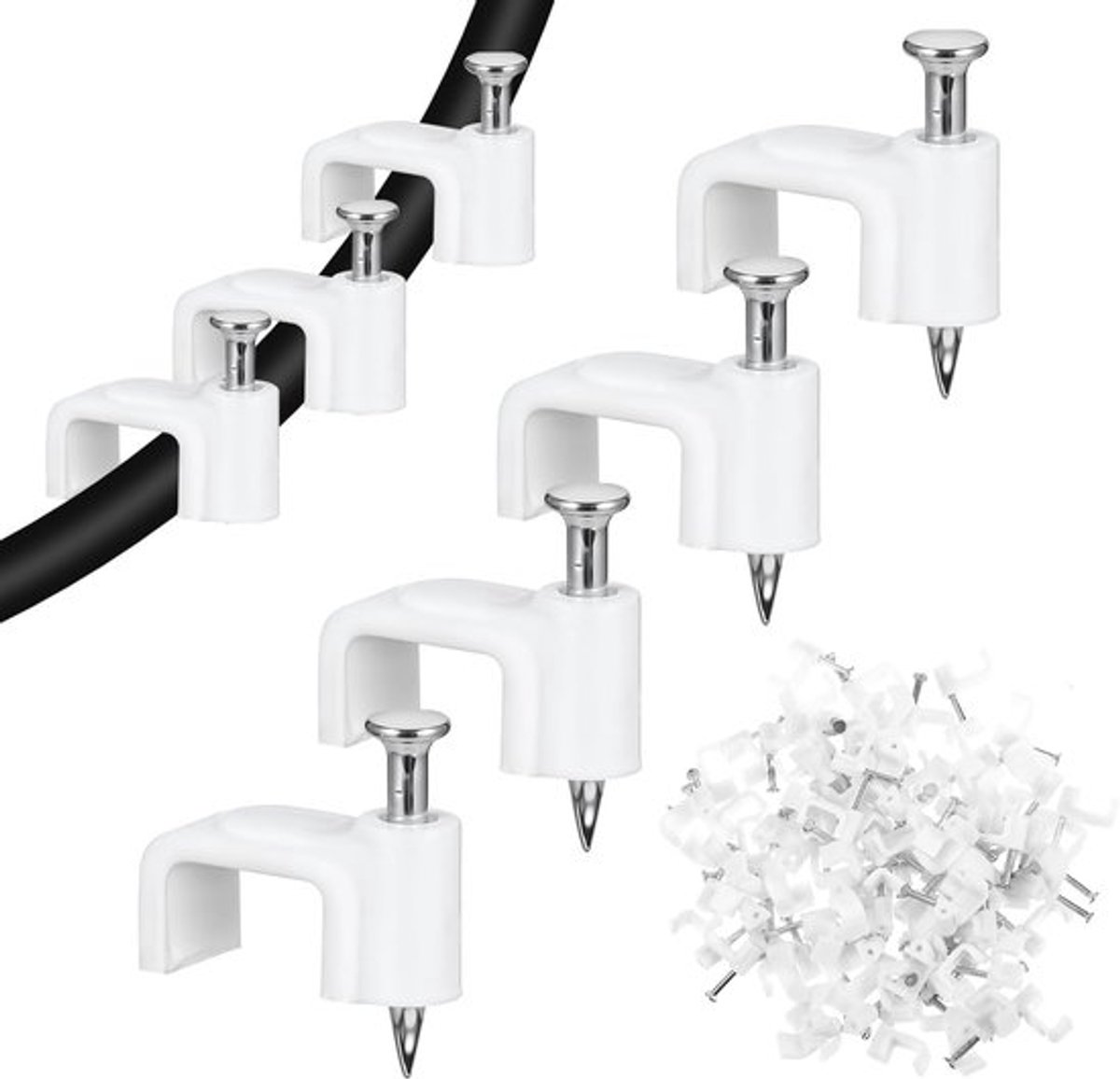 Kabelclips 100 Stuks - Witte Kabelclips - Draadwandclips 8 mm - Nagelclips - Platte Kabelclips - Veilig Kabelbeheer - Kabelbeheersysteem