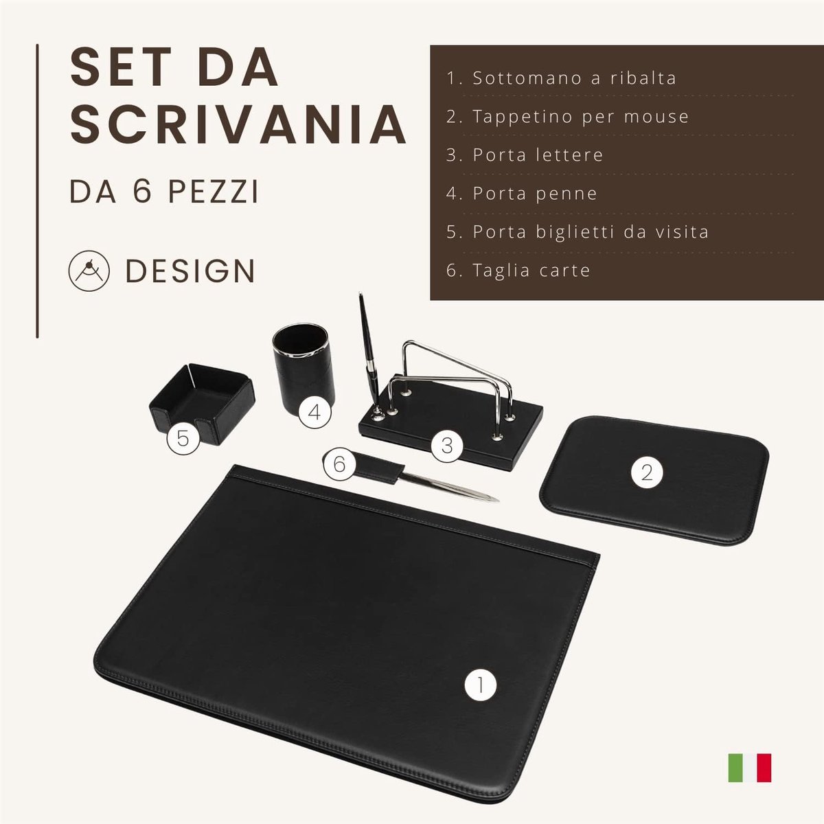 Bureau Set 6-Delig - 100% Volnerf Leer - Handgemaakt in Italië - Elegant en Functioneel - ShopVlot