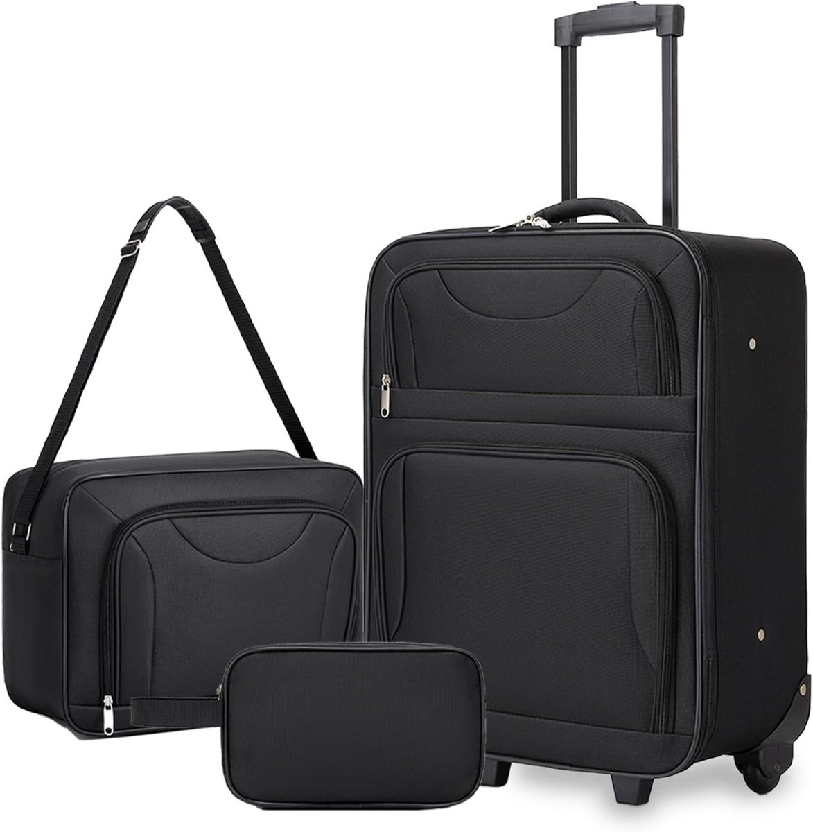 Set handbagage, 3-delige set koffers van 20 inch, lichtgewicht reiskoffers met zachte buitenkant, zwart - ShopVlot
