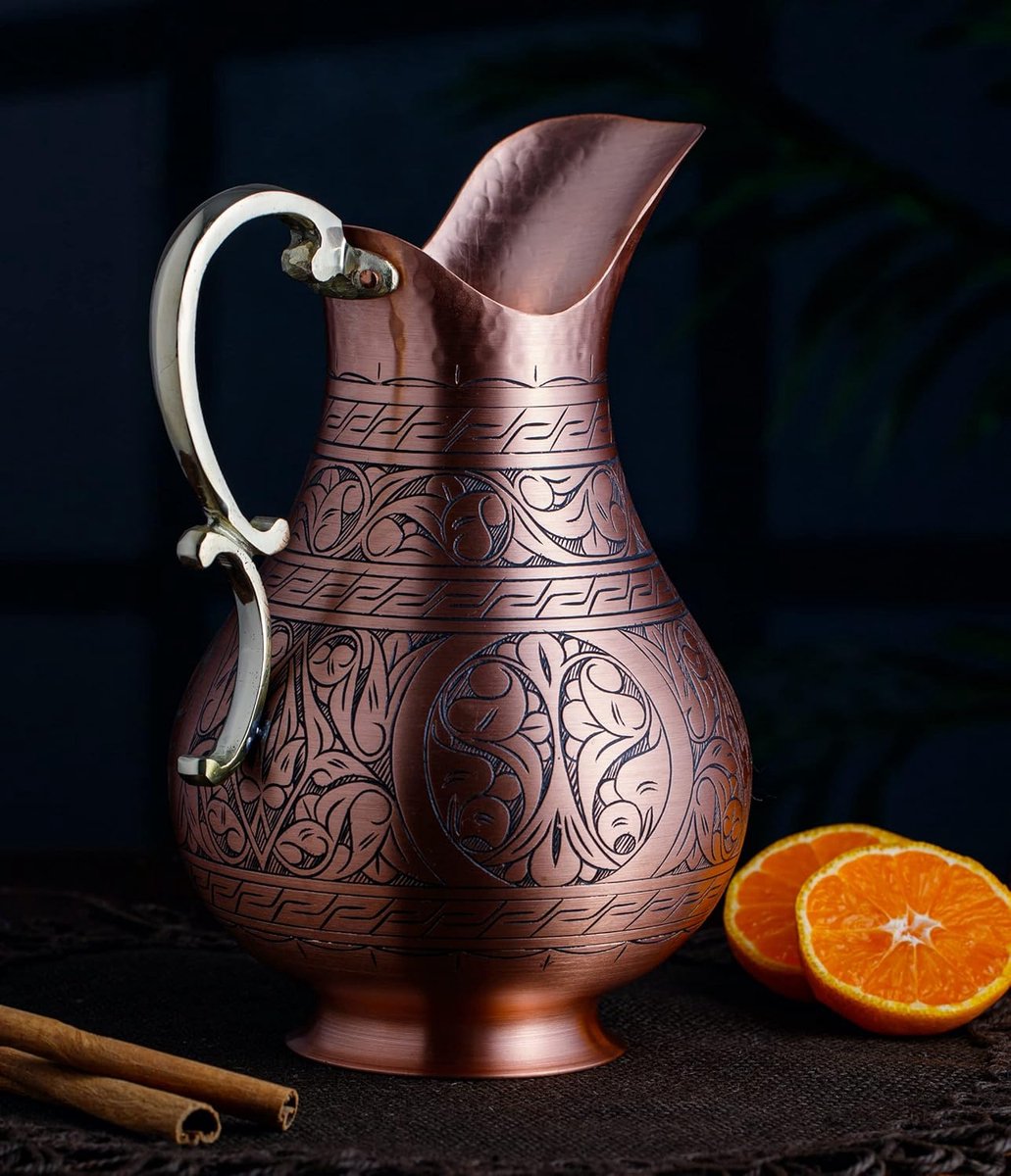DEMMEX The Pitcher, 1 mm Solid Copper, Handmade Engraved Copper Jug, Ayurveda Pitcher for Drinking Water, Moscow Mule - ShopVlot
