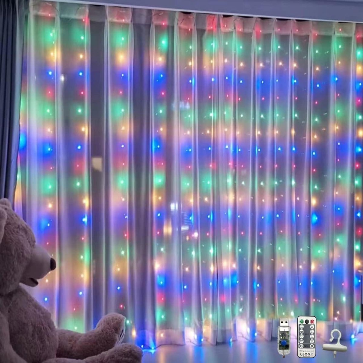 WALCHO LED Curtain Lights, 2.4m x 1.8m Fairy String Lights USB Powered, 8 Modes, Waterproof String Lights with Remote - ShopVlot