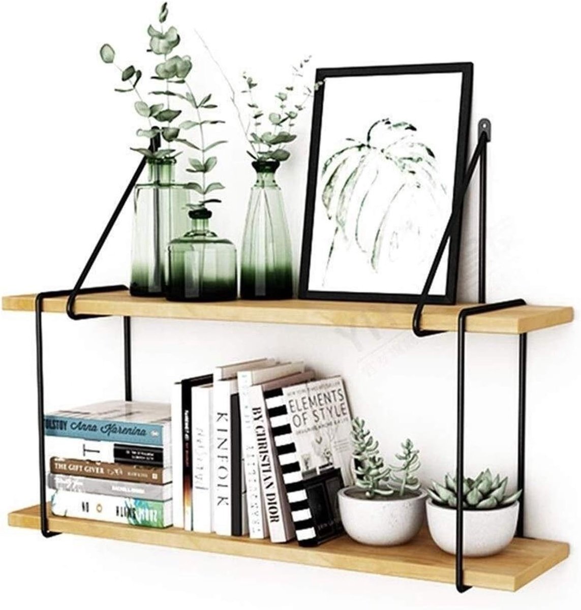 Floating Rack, Wall Mounted Rack, 2 Layers Storage Display Stand for Kitchen Bedroom Living Room, Wooden And Metal - ShopVlot