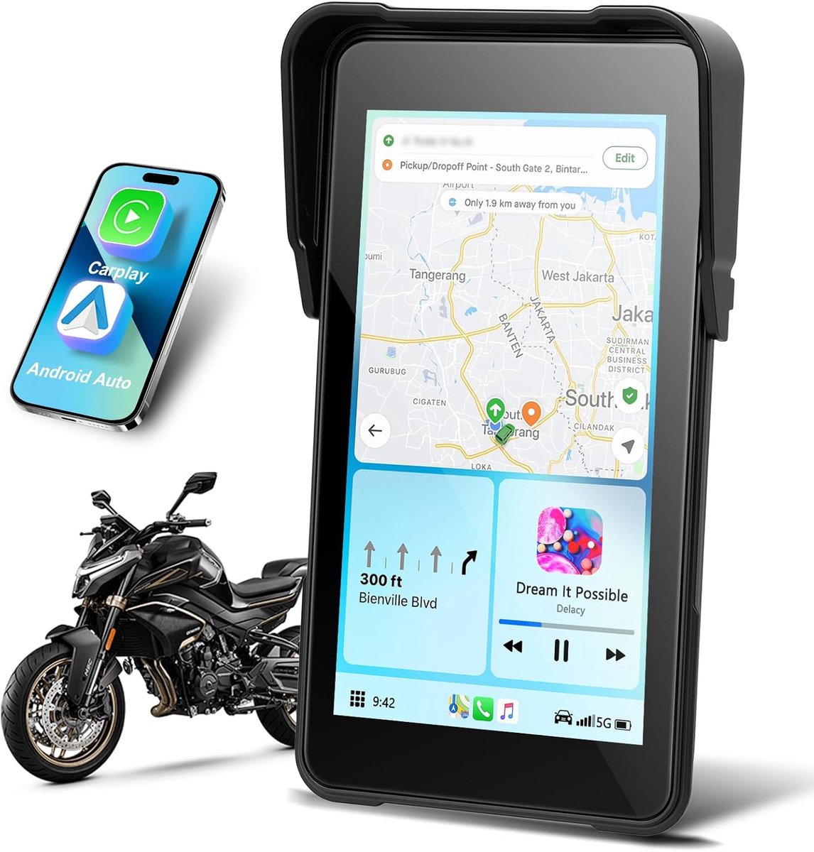 Motorfiets scherm 5 inch - waterdicht - draadloze CarPlay en Android Auto - eenvoudig navigeren - ShopVlot