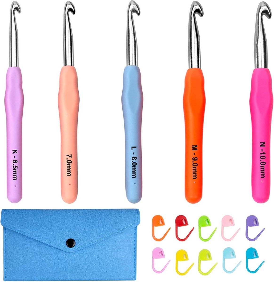 Grote haakset van 5 stuks met ergonomische haaknaalden van 6,5 mm tot 10 mm, inclusief 10 markeerders en opbergtas voor beginners en gevorderden.