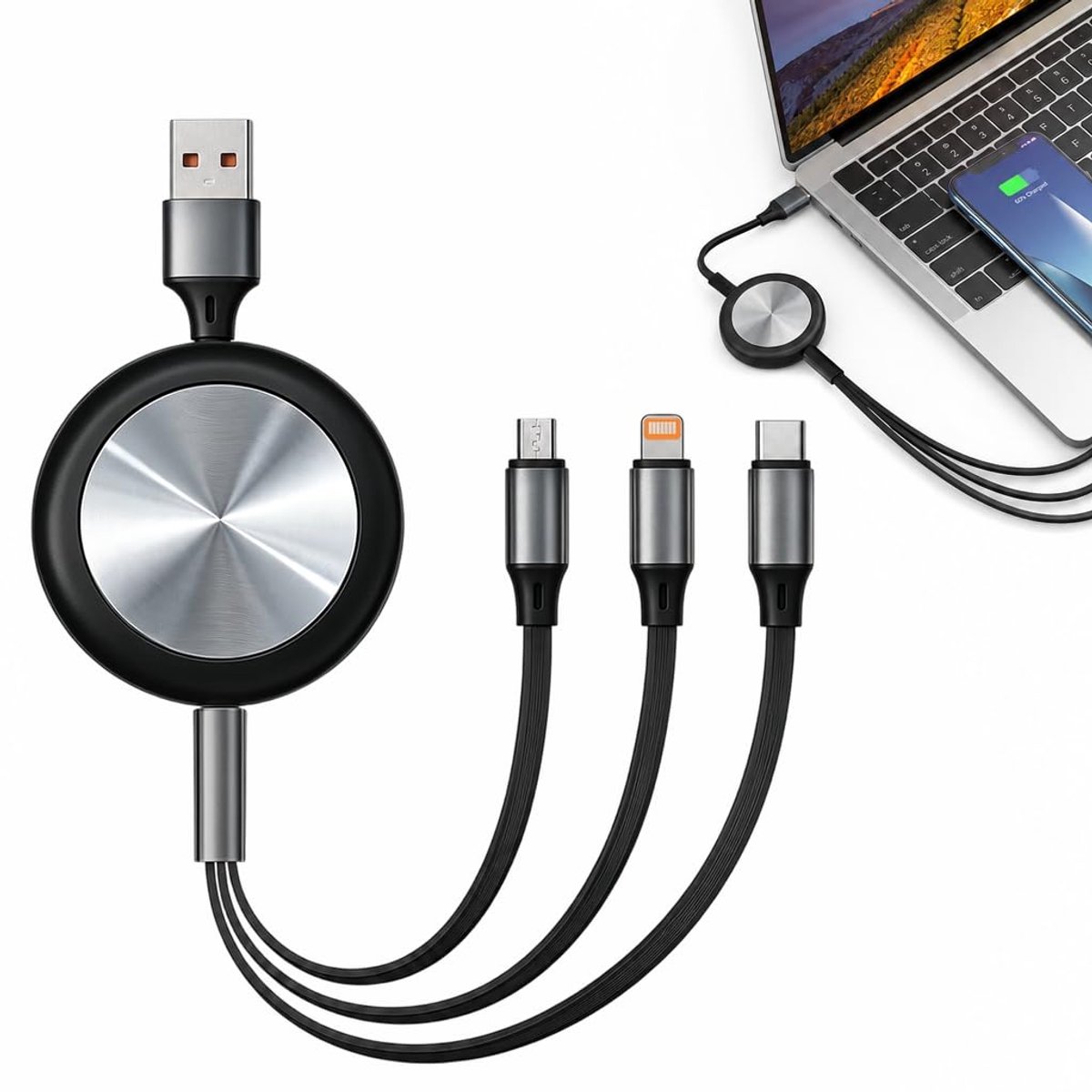 Oplaadkabel 3-in-1 1,2 meter - intrekbaar - meerdere aansluitingen - ideaal voor tablet en smartphone - ShopVlot