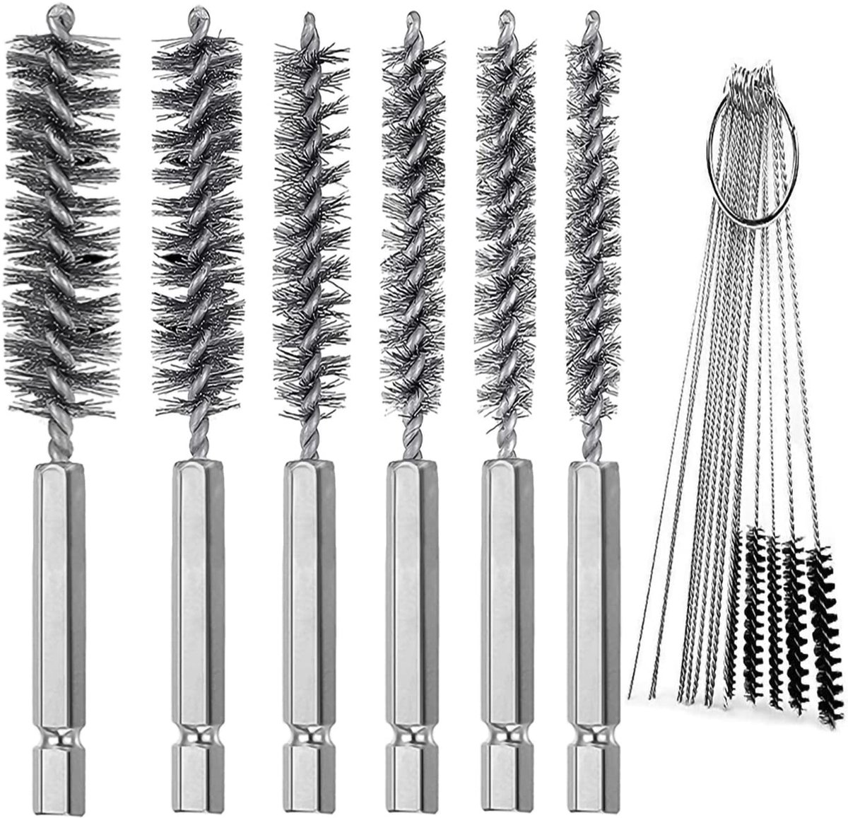 Stalen Borstels Set van 6 - Diverse Maten - Inclusief 15 Nylon Reinigingsnaalden - Ideaal voor Buizen en Lagers - ShopVlot