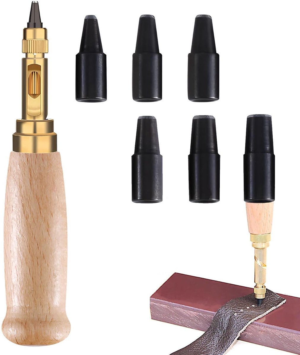 Perforator voor leren en papier - grote perforator met 6 gaatjes - stevige houten handgreep - ideaal voor knutselen - ShopVlot
